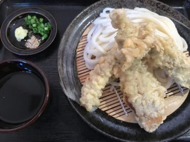 香川高松『情熱うどんわらく』デカ過ぎるとり天３本のかしわざるうどん！