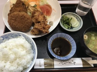 岡山県庁そば『じゅん平』から揚げとコロッケのミックスフライ定食ランチ！