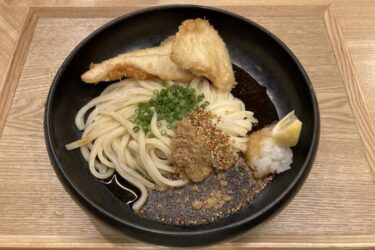 福岡博多駅前『麺屋いしヰ』揚げ立てとり天と魚粉のぶっかけうどん！