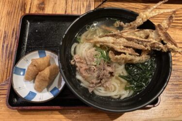 福岡博多駅地下『大地のうどん』肉ワカメごぼう天うどんといなり寿司！